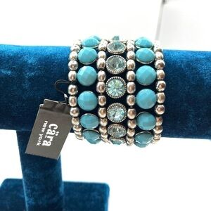 Sparkly Crystal & Blue Wide Stretch Cuff Bracelet Silver-tone Blues 2” wide